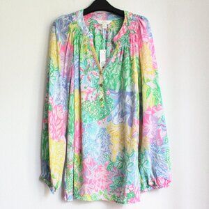 New Lilly Pulitzer Elsa Silk Top, Multi Bright Delight Patch